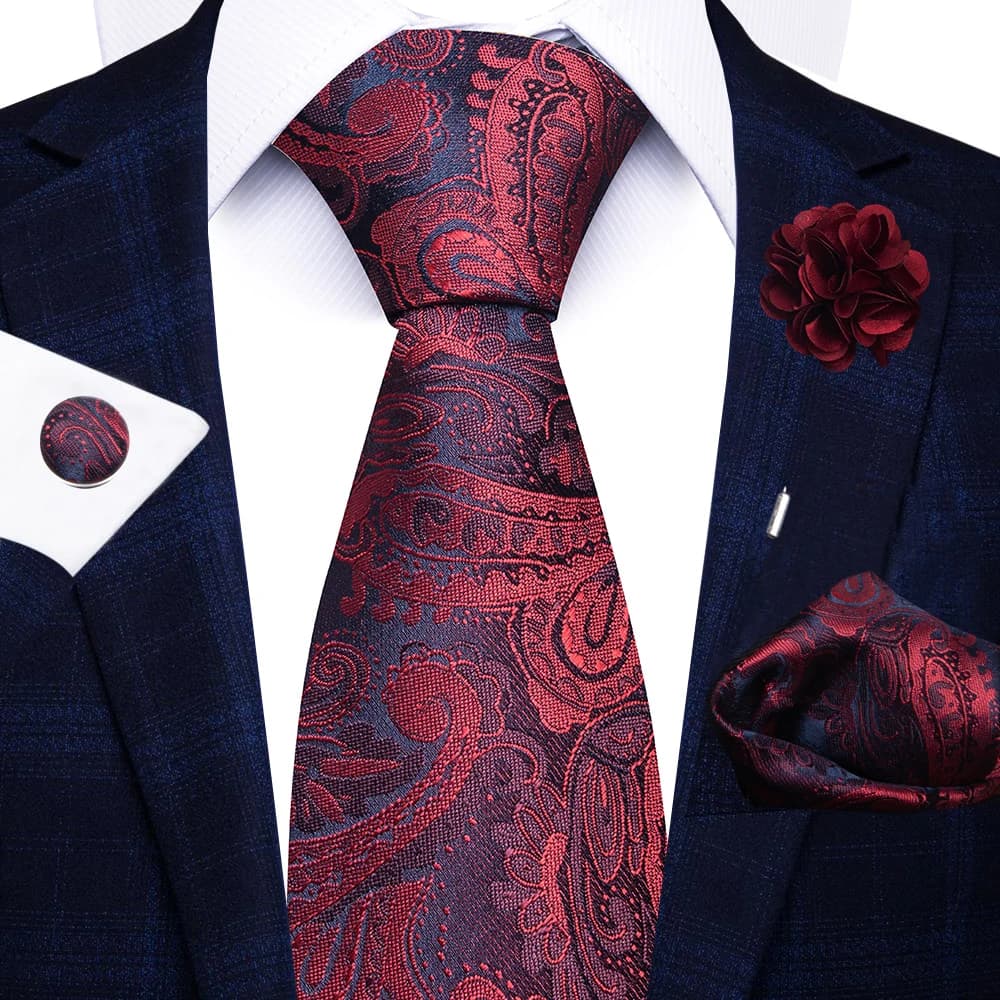 New Style 8 CM Red Paisley Tie Handkerchief Cufflink Pin Set For Men Necktie Clothing Accessories Wedding Gravatas Fit Party