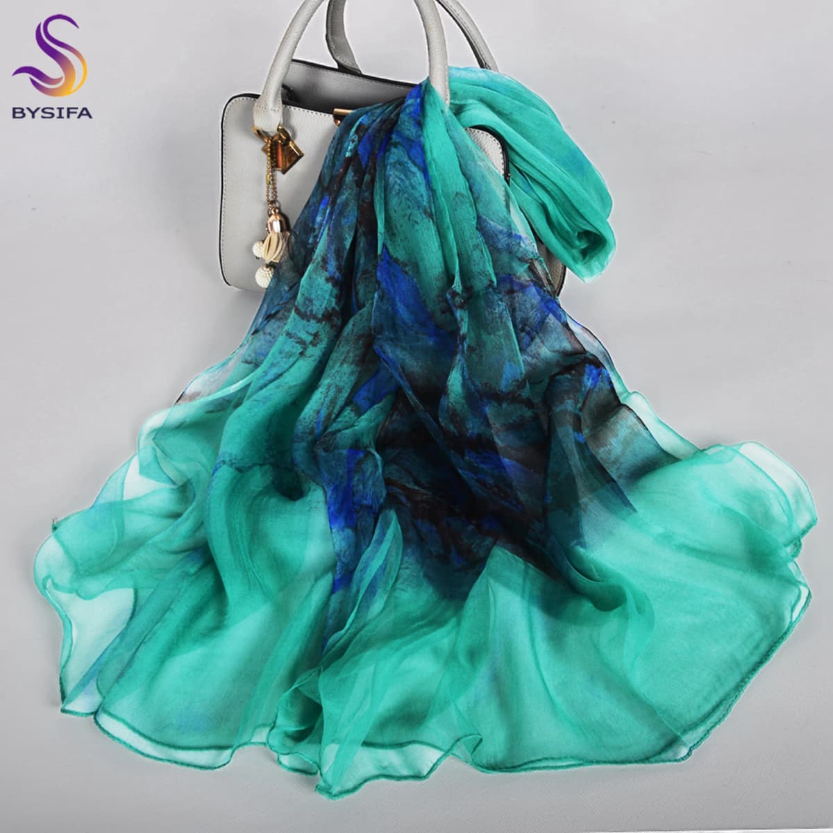 [BYSIFA] Emerald Green Women Long 100% Silk Scarf Printed Chinese Style Water Ink Painting Brand Oblong Silk Shawl Scarves 170cm