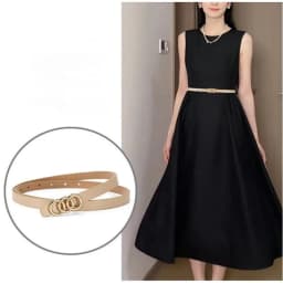 A Set of Thin Waist Belts with Golden Three-loop Buckles. It's a Versatile Style Suitable for Spring and Summer, and Can Be Pair