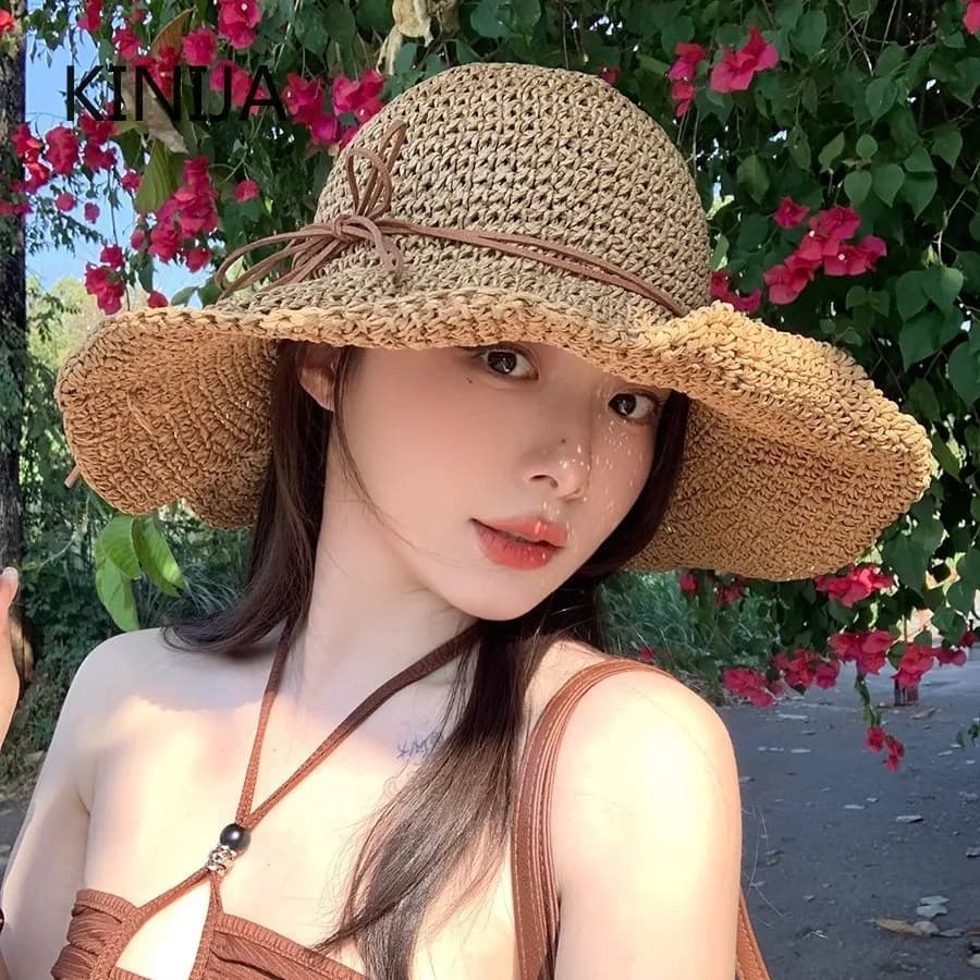 Holiday Sle Beach Fisherman Hat Seaside Sun Protection Sun Hat Large Brim Bow Woven Straw Hat Women Panama Chapeau Korean