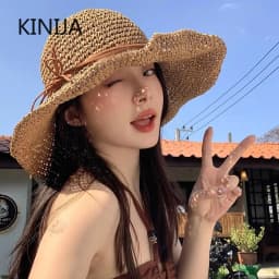 Holiday Sle Beach Fisherman Hat Seaside Sun Protection Sun Hat Large Brim Bow Woven Straw Hat Women Panama Chapeau Korean