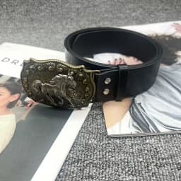 1PC Horse Head Buckle Punk Belt Fashion Vintage PU Leather Embossed Belt Hip Hop Y2K Belt