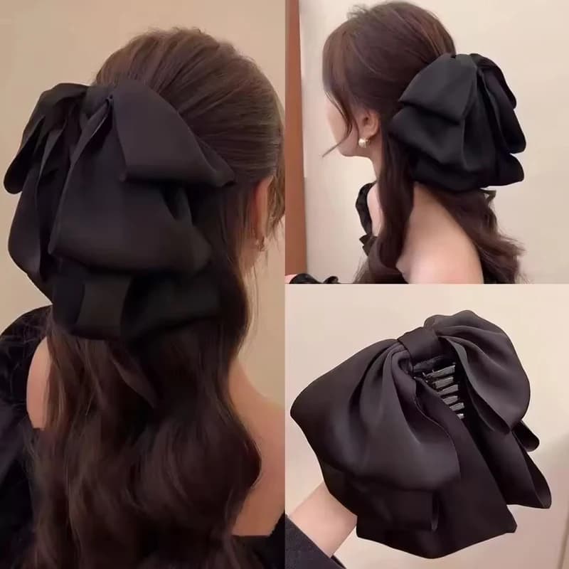 1pc New French Elegant Satin Black Big Bow Hairband High Forehead Wash Hair Band Wrinkle