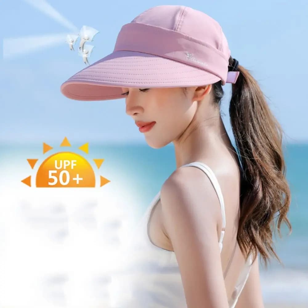 Casual Outdoor Wide Brim Women Summer Sun Hat Detachable UV Protection Empty Top Ponytail Cap Adjustable Foldable Beach Cap