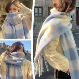 Stylish Simple Korean Inspired Blue White Check Pattern Plaid Scarf Soft Winter Warm Shawl Cold Weather Lady Tassel Shawl Wraps