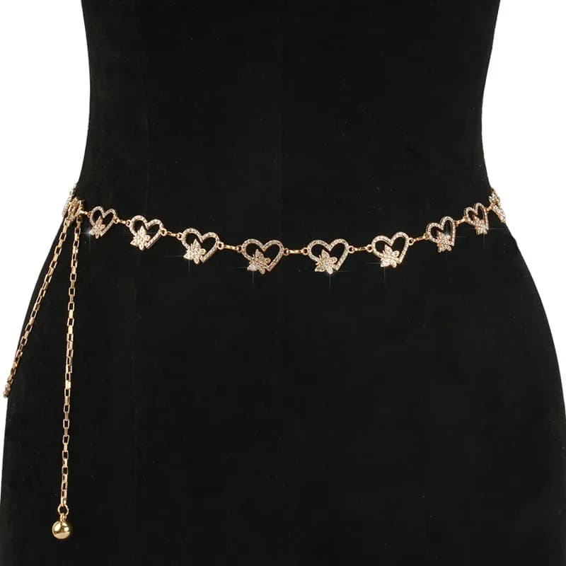 Love Butterfly Belt Rhinestone-Metal Gold Silver Carving Chunky Waist Chain Accessories for Women