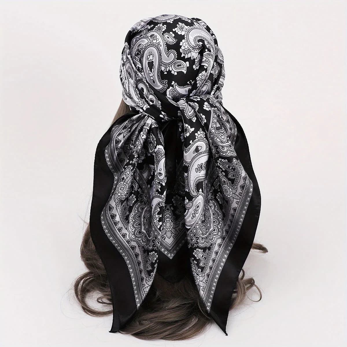 Classic Paisley Print Square Scarf Soft Satin Bandana Vintage Windproof Head Wrap Casual Shawl Imitation Silk Travel Beach Towel