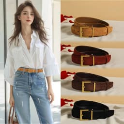 Womens Double Genuine Leather Belt Fashionable Cowhide Suede Belts with Square Alloy Buckle for Dresses Jeans Casual Wear