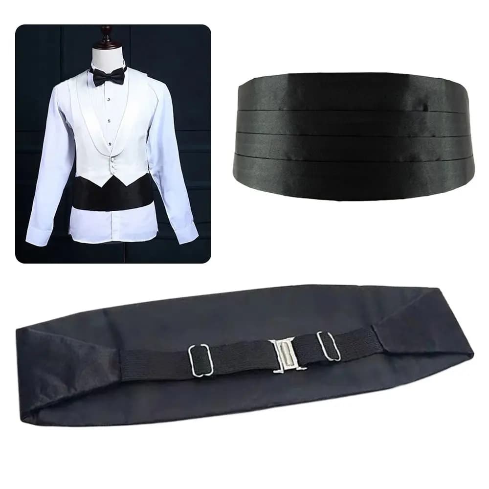 Fashion Wide Silk Satin Tuxedo Cummerbund Elastic Gentleman Pocket Square Belly Band Business Neck Tie Set Compere