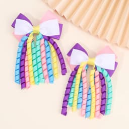 2Pcs Ribbon-Tassel Hair Clips Popular Sweet Rainbow Curly Ribbon Double Ponytail Hairpin Baby Girl Hair Accessories For Children