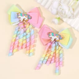 2Pcs Ribbon-Tassel Hair Clips Popular Sweet Rainbow Curly Ribbon Double Ponytail Hairpin Baby Girl Hair Accessories For Children