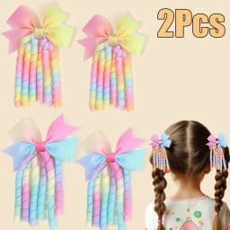 2Pcs Ribbon-Tassel Hair Clips Popular Sweet Rainbow Curly Ribbon Double Ponytail Hairpin Baby Girl Hair Accessories For Children