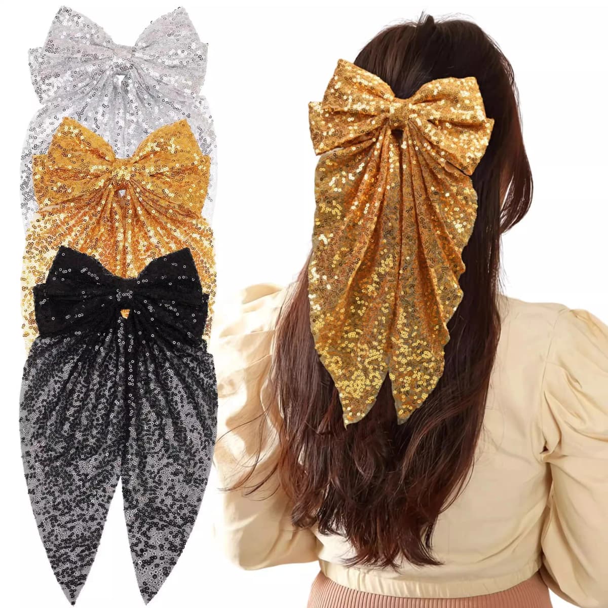 1pc sequin bow headband with ribbon for women; fashionable high ponytail hair accessory; hair clip for the back of the head