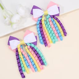 2Pcs Curly Ribbon Hair Clips For Girls Sweet Cute Colorful Tassel Bow Barrette Ponytail Hairpins Children Headdress Accessories