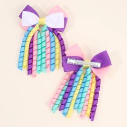 2Pcs Curly Ribbon Hair Clips For Girls Sweet Cute Colorful Tassel Bow Barrette Ponytail Hairpins Children Headdress Accessories