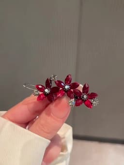 High-end New Year Red Hairpin for Women Rhinestones Glazed Flowers One-word Clip Metal Side Bangs Hair Clips