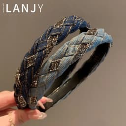 French Vintage Headband hair woman Denim Blue Rhinestone Wrapped Hair Bands Korean style Fried Dough Twists Braid Hair clips