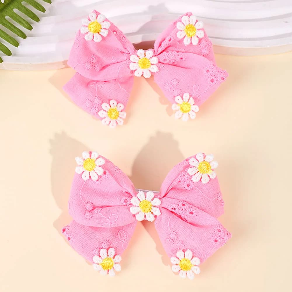 2Pcs Pink Flower Hair Clip Sweet Handmade 100% Cotton Ribbon Floral Bow Hairpin For Girl Children Baby Accessories Kids Headwear