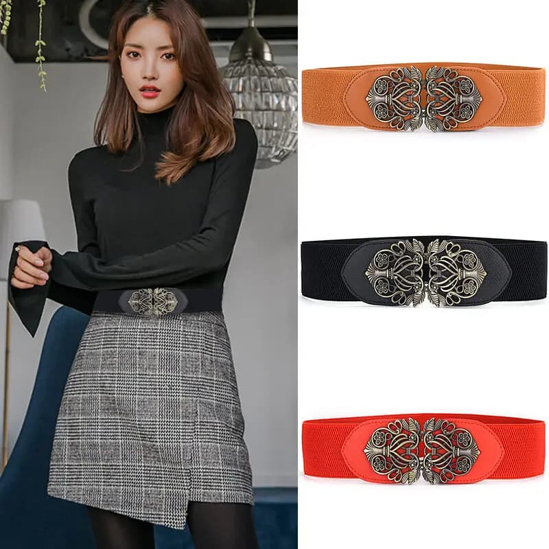 Ladies Wide Belt Vintage Buckle Waist Belt Women Elastic Stretch Corset Waistband PU Leather Dress Coat Decorative Belt