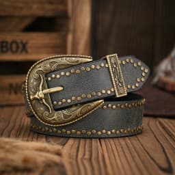 Men - Women - Western Denim - PU Leather - Belt - Vintage Jeans with Floral Carved Buckle Belt