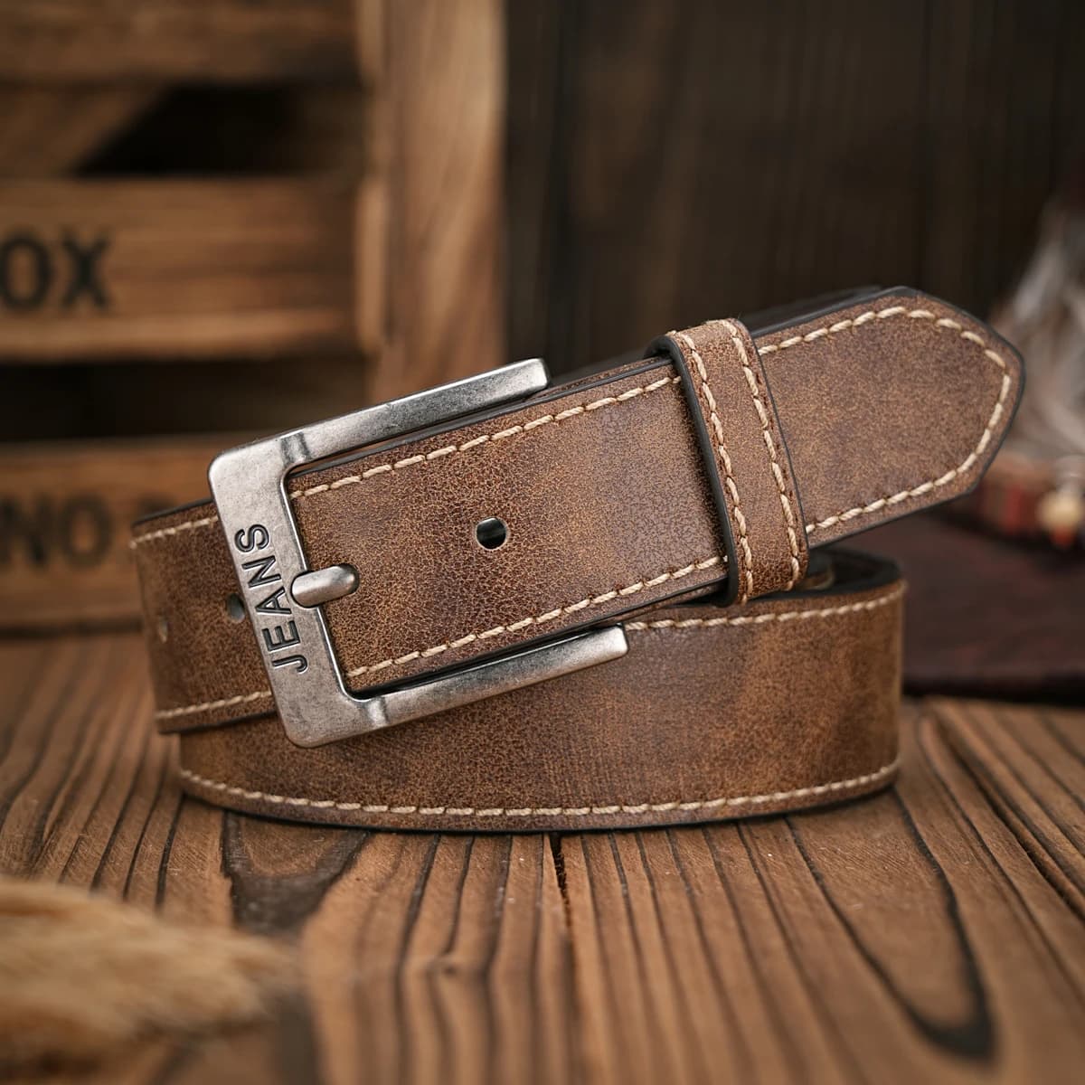 Men - Women - Western Denim - PU Leather - Belt - Vintage Jeans with Carved Buckle Brown Belt