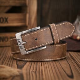Men - Women - Western Denim - PU Leather - Belt - Vintage Jeans with Carved Buckle Brown Belt
