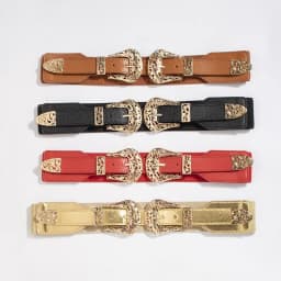 Retro Carved Hollow Double Buckle Wide Elastic Waist Belt Women's Fashion Accessory Versatile Belted Waist Seal