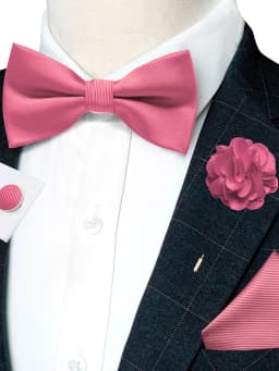 Wedding Bow Tie for Men Solid Pink Pre-tied Bowtie Pocket Square Cufflinks Corsage Set Party Business Silk Butterfly Knot Gift