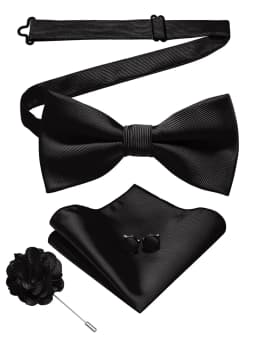 Wedding Bow Tie for Men Solid Pink Pre-tied Bowtie Pocket Square Cufflinks Corsage Set Party Business Silk Butterfly Knot Gift