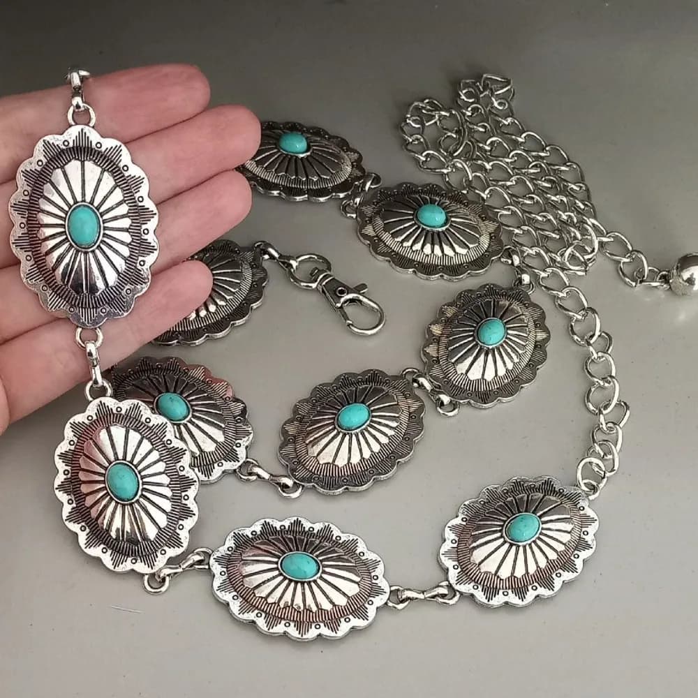 Western Belt for Women - Turquoise Chain Metal Concho Cowgirl Belt for Country Concert Outfit