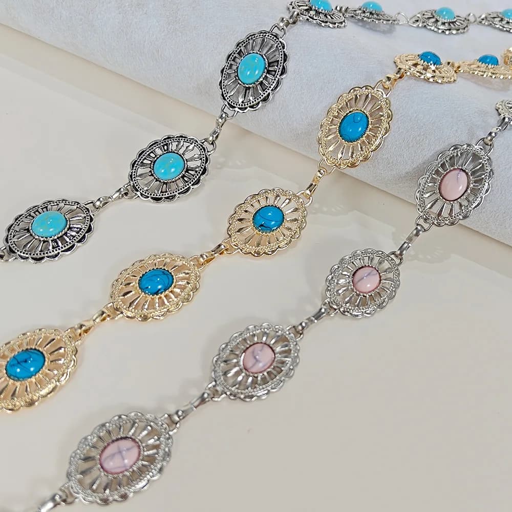 Silver Bohemian Female Metal waist chain Belt luxury Blue Gemstone Ellipse Designer Belts for Women Long Waistband Punk