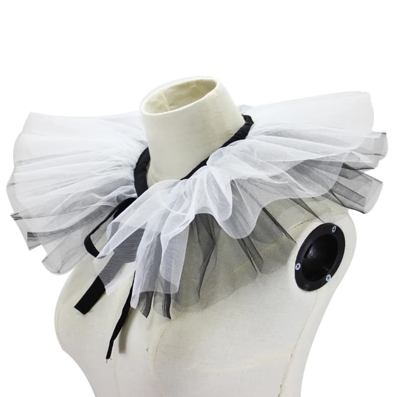 Renaissance Tulle Ruffled Fake Collar Layered Black White Mesh Clown Choker Lace-Up Ribbon Victorian Neck Ruff Shawl Cosplay