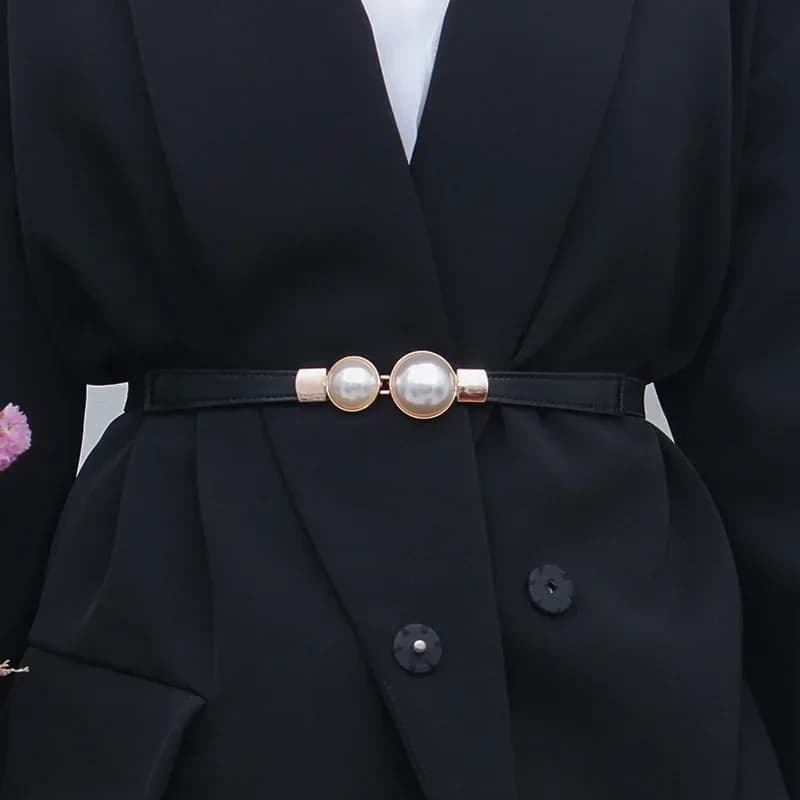Elegant Vintage Pearl Waist Chain Belts Women's Korean Style Sweater Jacket Hooks Elastic Slim Fit Leather Belt