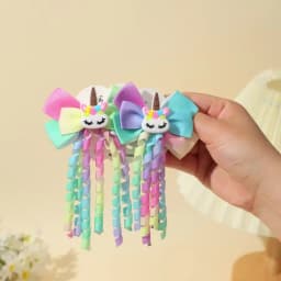 2Pcs Rainbow Unicorn Hair Clip Cute Curly Ribbon Tassel Magical Bow Hairpin For Kids Girls Party Daily Use Headwear Accessories