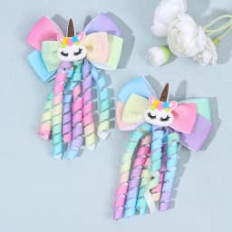 2Pcs Rainbow Unicorn Hair Clip Cute Curly Ribbon Tassel Magical Bow Hairpin For Kids Girls Party Daily Use Headwear Accessories