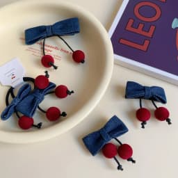 Korean version of denim fabric cherry bow children's hairpin cute girl hair band autumn and winter little girl headgear hairpin