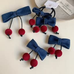 Korean version of denim fabric cherry bow children's hairpin cute girl hair band autumn and winter little girl headgear hairpin