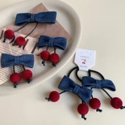 Korean version of denim fabric cherry bow children's hairpin cute girl hair band autumn and winter little girl headgear hairpin
