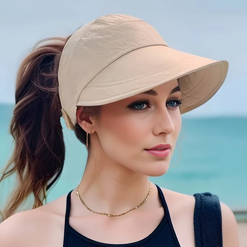 Breathable Women's Sun Hat with Wide Brim, UV Protection, Open-Top Peaked Visor for Ponytails Summer Hats for Women