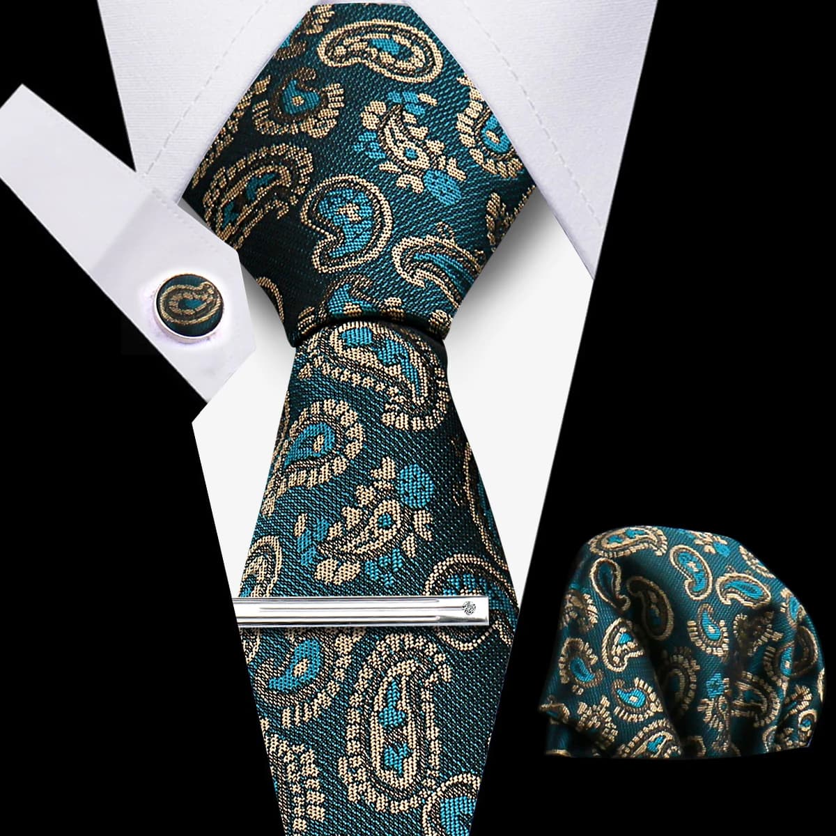 Tie Set For Men 4pcs Set Necktie Pocket Square Cufflinks Tie Clip Suit Paisley Navy Blue Business Necktie Accessories Gravatas