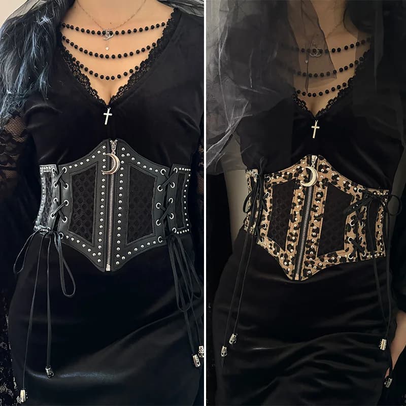 Wide Leopard Print Hollow Corset Belts For Women Black Belt Female Desiner Luxury Moon Punk Gothic Cummerbunds Y2K Waistband