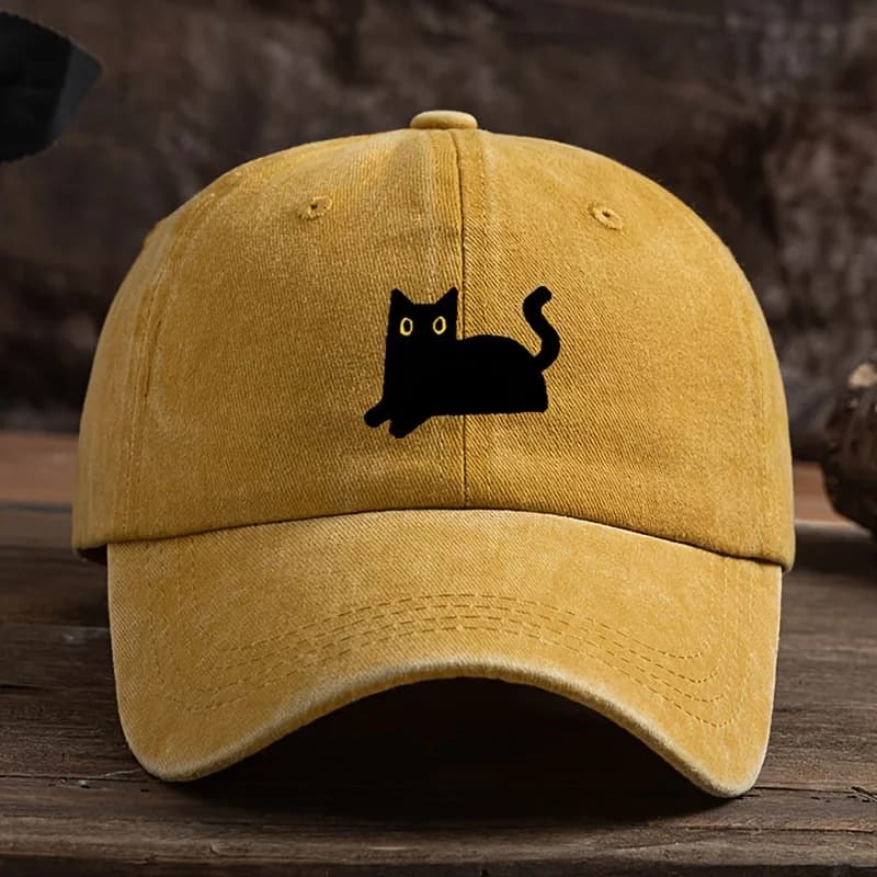 Adjustable black cat printed baseball cap, outdoor fishing casual cap, comfortable headwear