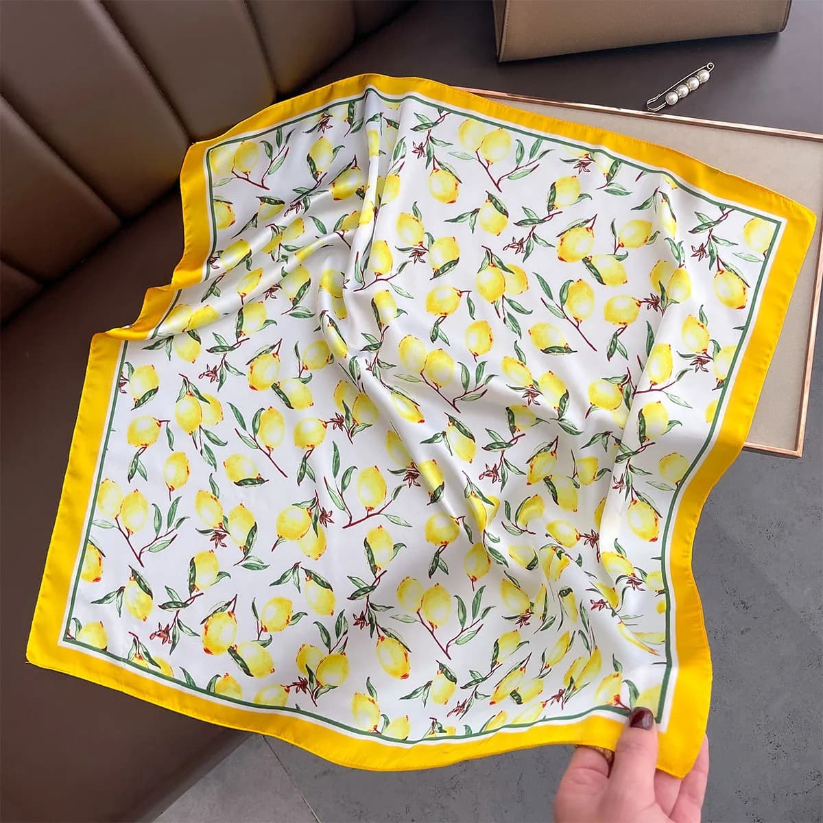 2025 New Yellow Lemon Print Square Silk Scarf for Women 70*70cm Neck Ties Fashion Decorate Neckerchief Female Hijab Bag Ribbions