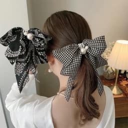 Vintage Thousand Bird Grid Large Bow Hairpin with Satin and Pearl Hairpin