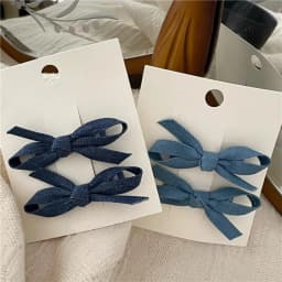 2PCS Cowboy Blue Fabric Bow Hair Clips Pair Clips Premium Feeling Side Broken Hair Bangs Clips Duckbill Clips
