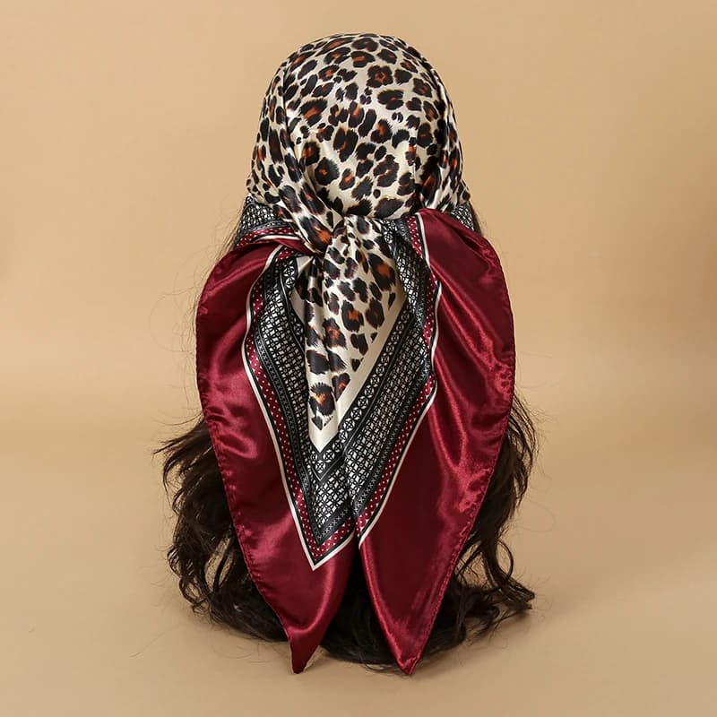 90cm Leopard Print Square Scarf Satin Silk Headband Bandana Woman Hijab Lady Fashion Hairwrap Rock Style Headscarf Islim Turban