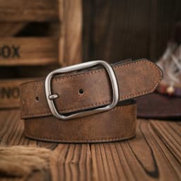 Men - Women - Western Denim - PU Leather - Belt - Vintage Jeans with Carved Buckle Brown Belt