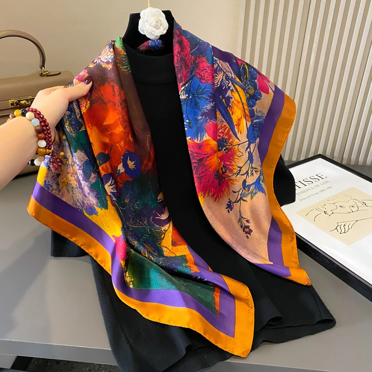 Latest Design Print Head Scarves Women Four Seasons Foulard Satin Square For Ladies Shawls 90*90 Silk Scarf Muslim Hijab