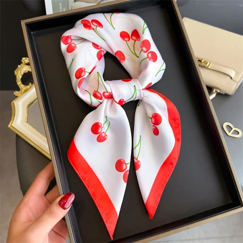 Luxury Square Satin Scarf Women Cute Fruit Cherry Pattern Shawls and Wraps Fashion Small Bag Scarves Hair Tie Bandanas 70*70Cm