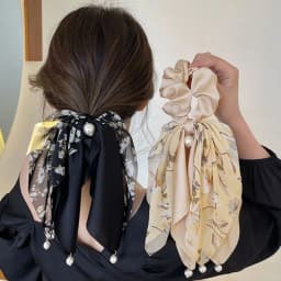 1PC Floral Print Satin Hair Scrunchies with Ribbon & Pearl Accents, Elegant Hair Ties for Women, Charming Hair Accessories Set